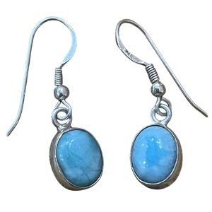 Larimar 925 Sterling Silver Oval Cabochon Drop Earrings Blue Gemstone
